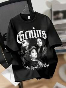 Playera Con Estampado Gráfico De Retrato Vintage Camiseta Manga Corta Para Mujer Cuello Redondo De Estilo Rap Tee Hip Hop Moda Urbana - Negro - Ver 1