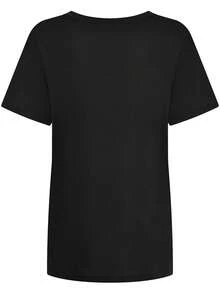 Women's Short-Sleeved T-Shirt With Vintage Drop Neck, Loose Fit And Print - 黑色 - 查看 3