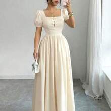 LunaCass8  Nuevo vestido largo elegante y femenino para mujer con cuello cuadrado estilo francés, decoración de lazo, mangas cortas, cintura ceñida y cordones en la espalda - Albaricoque - Ver 1
