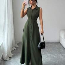 Vestido de línea A con cintura ceñida, cuello redondo y sin mangas, elegante y romántico para vacaciones de verano de mujer - Rosa Pálido - View 2