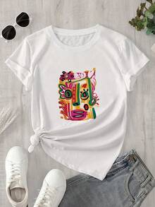 Top de mujer de manga corta y cuello redondo con estampado de un rostro formado por figuras de diferentes colores, apto para todas las estaciones. - Blanco - Ver 1