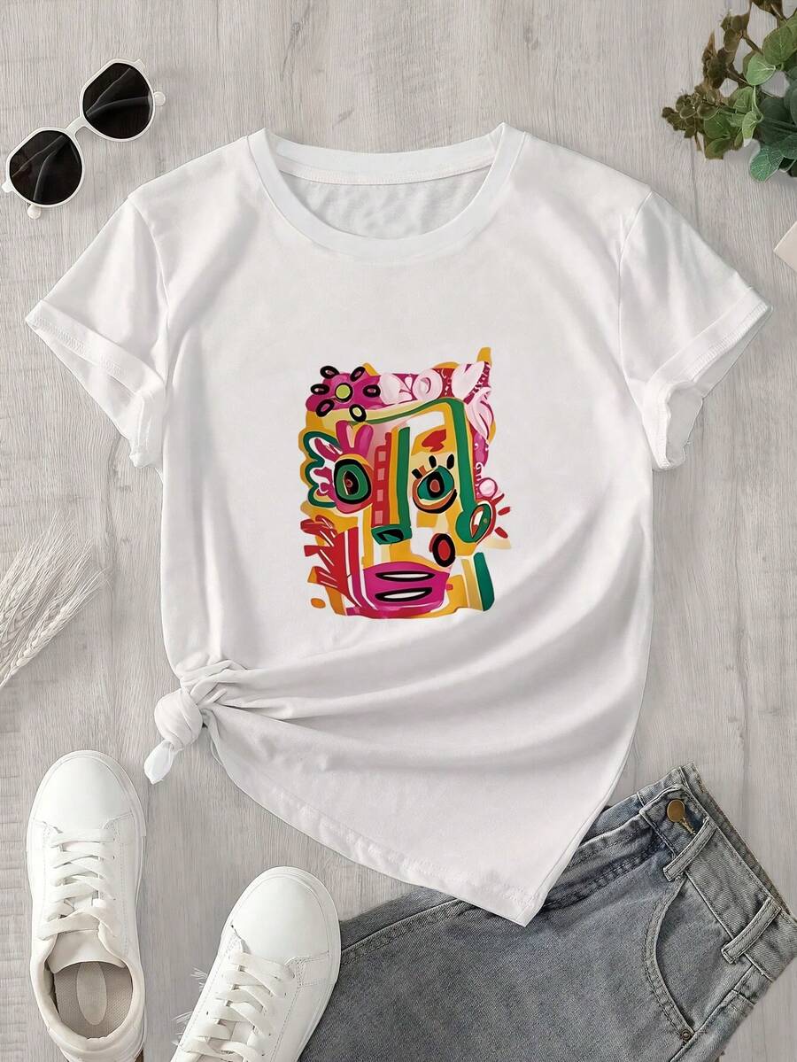 Top de mujer de manga corta y cuello redondo con estampado de un rostro formado por figuras de diferentes colores, apto para todas las estaciones. - Blanco - Ver 1