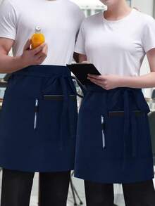 1pc 2pcs Restaurant Server Waist Apron, Short Server Half Apron, Durable Woven Fabric, With Portable Pockets, Comfortable Tea House Work Apron, Dyed Stylist Uniform - Solid Color - Navy Blue - View 14