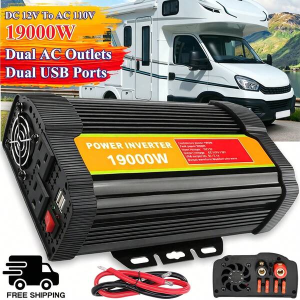 19000W Car Power Inverter DC 12V To AC 110V Converter, Intelligent Protection System, External Fuse, High Compatibility With Vehicles & Devices, Perfect For RV, Truck, Camping & Emergency Power Supply, Peak Car Power Inverter, Dual AC Outlets & USB Ports, CE & RoHS Certified, Intelligent Protection, Ideal For Powering Appliances, Tools & Electronics In Cars, RVs & Trucks