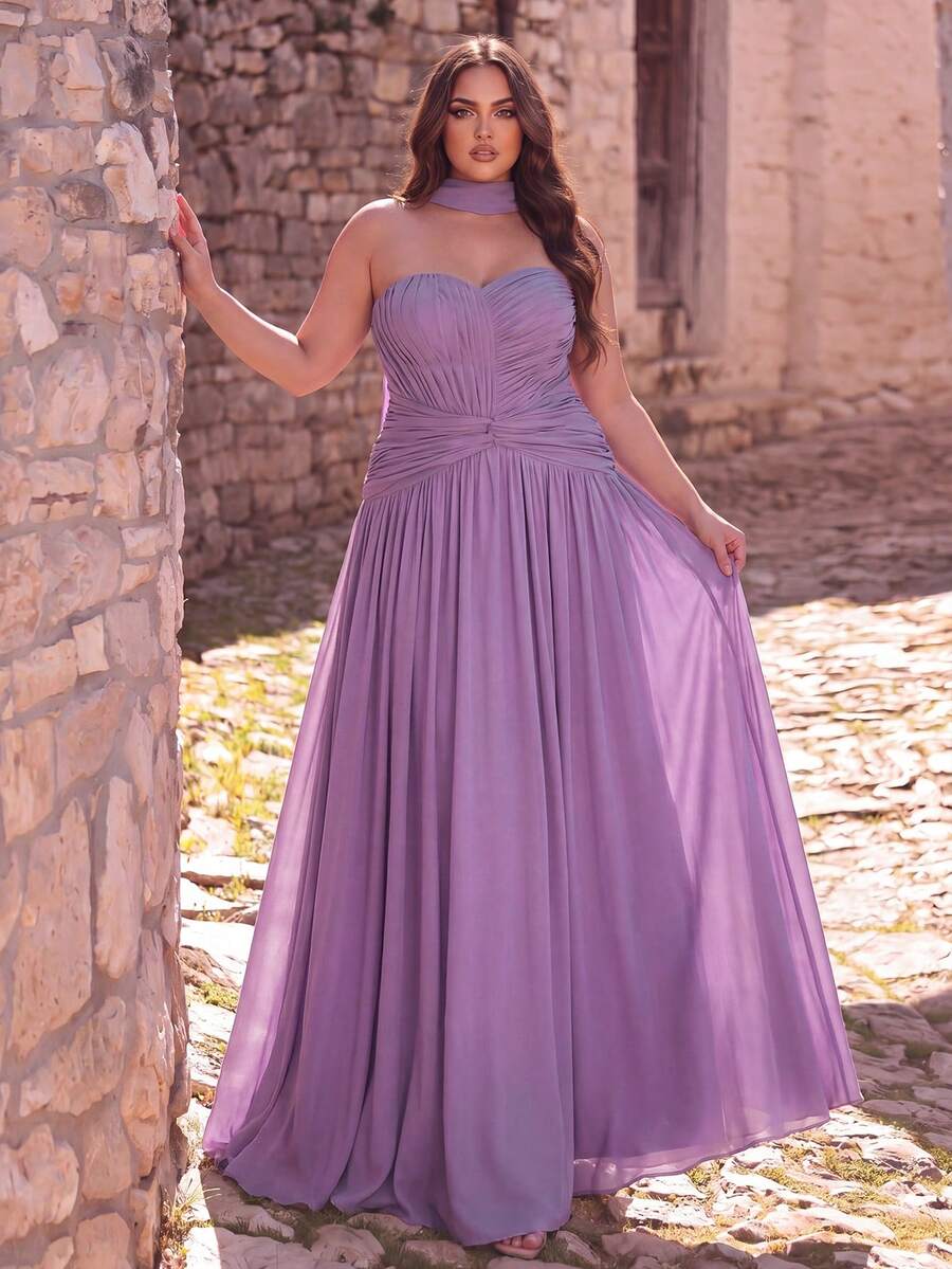 Faeriesty Robe de soirée sans bretelles avec nœud torsadé pour femmes grandes tailles, convient pour banquet, rendez-vous romantique, célébration d'anniversaire, dîner formel, fête de mariage, automne - Lilas - Voir 1