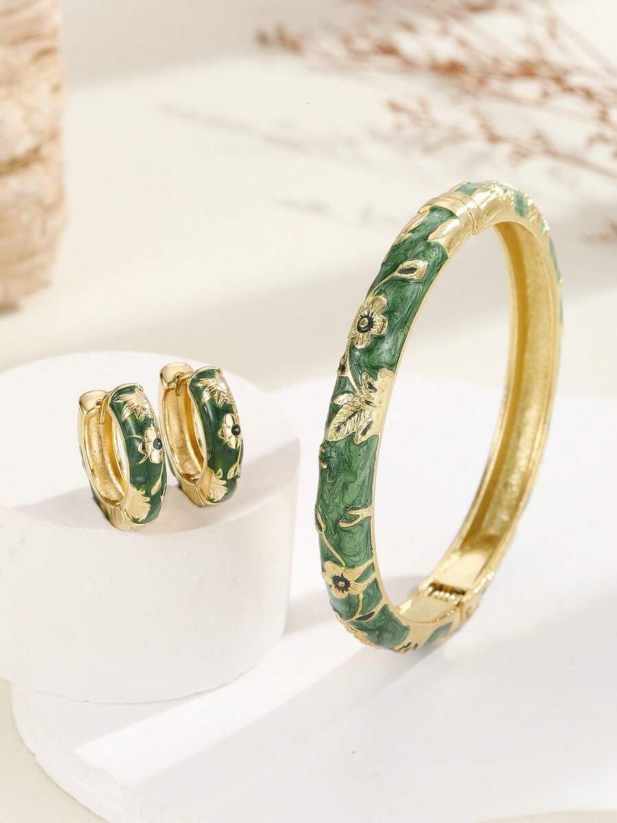 1 Set Fashion New Gold Plated Flower Pattern Enamel Cloisonne Bracelet Bangle And Earrings For Girls Women - Green - View 1