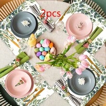 1/2/4/6/8入 尤加利花紋餐墊，18"*12"(45*30cm)，2款水彩葉片與水牛格紋梅森罐設計，100%聚酯纖維防水防污耐熱可機洗餐桌墊，適用於居家、餐廳、B&B - 彩色 - 查看 18