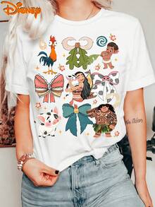 Disney Moana Themed Grid Print Cotton Blend Short Sleeve Crew Neck T-Shirt, Cute Island Casual Tee For Women - 白色 - 查看 1
