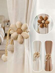 1/2pcs 3D Artificial Flower Adjustable Curtain Tiebacks, Pearl Curtain Ropes, Decorative Curtain Tiebacks, Suitable For Living Room, Bedroom, Office Home Decor, Curtain Decoration, Curtain Accessories - Multicolor - View 2