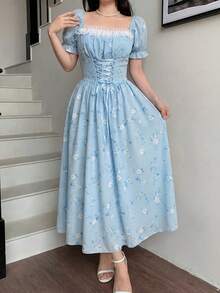 Elegant Long-Sleeved Dress With A Lace Collar And Fitted Hem, Featuring A Charming And Romantic Floral And Lace Design, Ideal For Holidays, Women's Dress - 藍色 - 查看 2