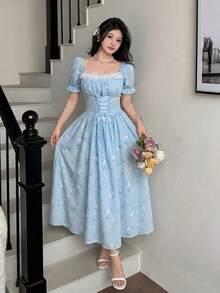 Elegant Long-Sleeved Dress With A Lace Collar And Fitted Hem, Featuring A Charming And Romantic Floral And Lace Design, Ideal For Holidays, Women's Dress - 藍色 - 查看 6
