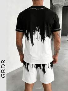 GRDR Set Kaos Lengan Pendek dan Celana Pendek Pria Motif Gradien Tinta Los Angeles, Pakaian Olahraga Kasual Musim Panas 2 Potong, Nyaman dan Bernapas, Bergaya - Hitam dan Putih - View 4