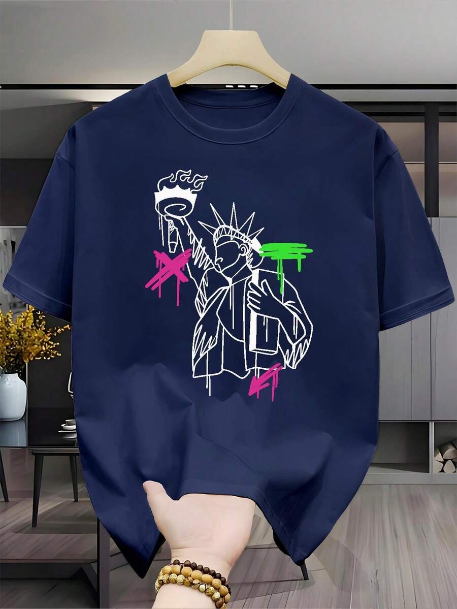 Nueva camiseta casual versátil y elegante de manga corta% algodón estampada - Base negra para hombre con un diseño de grafiti de la Estatua de la Libertad, unisex (para hombres y mujeres), material cómodo, top de manga corta, adecuada para todas las estaciones. Regalo perfecto para vacaciones o cumpleaños - Diseño unisex. - Azul marino - Ver 1