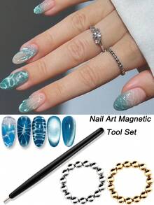 Conjunto de Ferramentas Magnéticas para Nail Art Olho de Gato: Ímãs de Contas Redondas + Haste Magnética, Contas Magnéticas Redondas para Unhas de 5MM Flor de Gelo Ondas de Água Ímã para Unhas Profissional DIY Design de Nail Art Efeito Brilhante Acessórios, Suprimentos para Salão de Unhas - Multicolorido - Visão 2