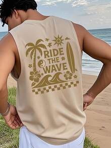 1pc Men's Casual Coconut Tree Print Round Neck Tank Top - Apricot - View 1
