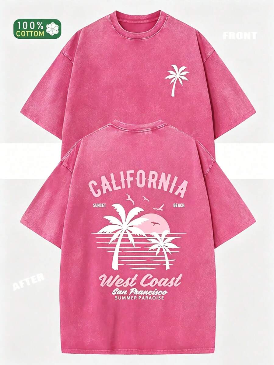 230g Heavyweight Washed Vintage T-Shirt For Women - Loose Fit Round Neck Short Sleeve, California Beach Surf And Palm Tree Print, Casual Summer Wear - 玫紅色 - 查看 1