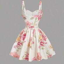 LunaCass8  MOD Vestido midi acampanado con cintura fruncida y estampado de flores, con decoración de lazo. Ideal para rave, estilo bohemio, conciertos, graduación, romántico, verano, elegante, vacaciones, fiestas, fluido, invitada de boda, té, modesto, baile de graduación, formal, floral, salidas nocturnas - Verde - Ver 3