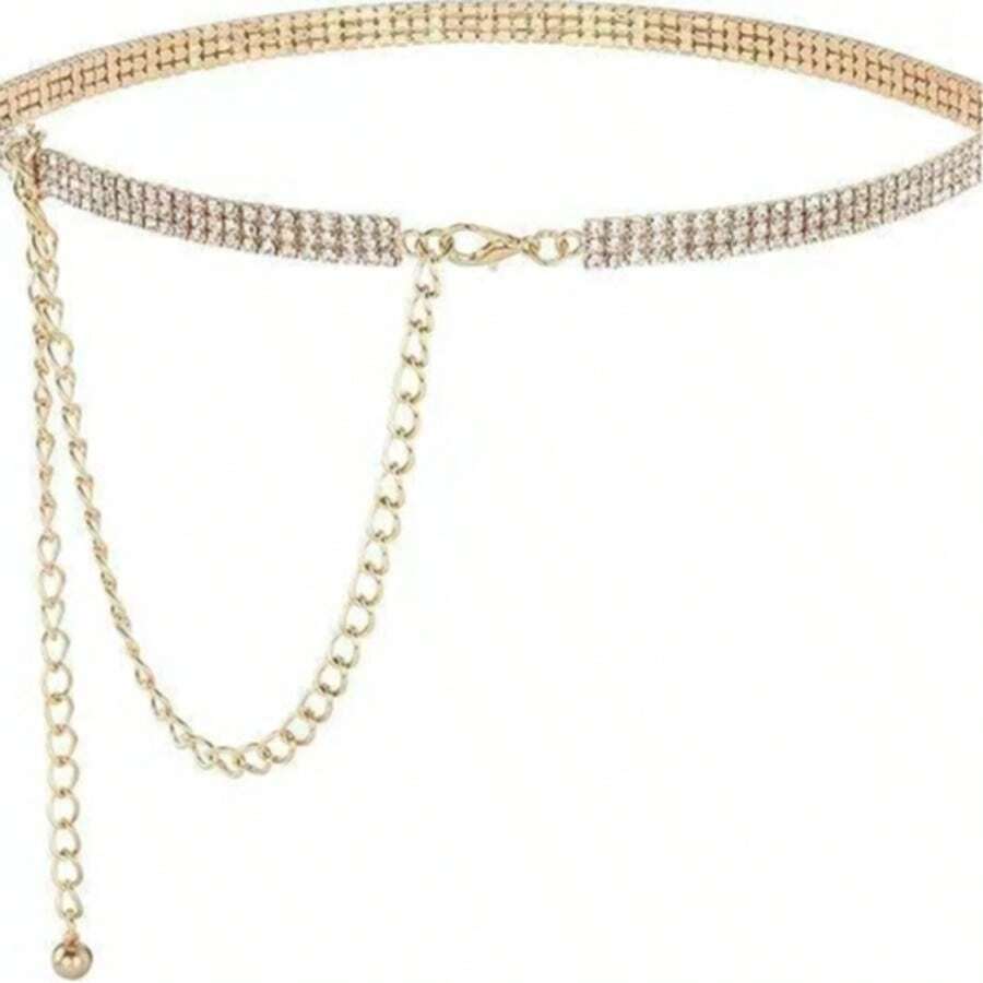 Multi-Strand Rhinestone Waist Chain, Adjustable Tassel Extension Chain, Sparkling Rhinestone Waist Accessory, Evening Party Jewelry, Metal Pendant Chain - Gold - View 1