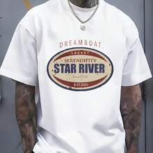 <Dreamboat Lackey Serendipity Star River>> And An Oval Emblem In Shades Of Red, Blue, And White. Men's T-Shirt, Ideal For Everyday Wear, Leisure, Urban Fashion, Music Festivals, And Skateboarding. - 黑色 - 查看 9