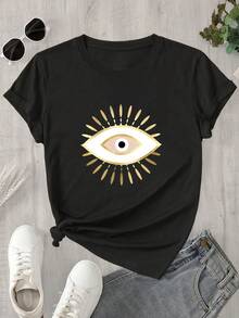 Camisa de manga corta con cuello redondo para mujer, con un par de ojos dorados que brillan con luz; camisa estampada de manga corta, apta para todas las estaciones. - Negro - Ver 1