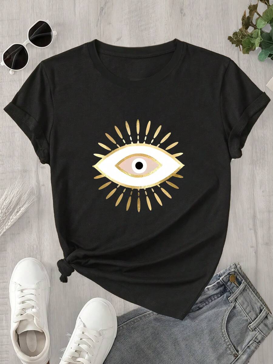 Camisa de manga corta con cuello redondo para mujer, con un par de ojos dorados que brillan con luz; camisa estampada de manga corta, apta para todas las estaciones. - Negro - Ver 1