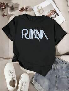 Camiseta casual para mujer con estampado gráfico, algodón premium, corte holgado, estilo street hip-hop, transpirable, nueva llegada - Negro - Ver 2