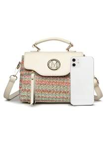 Retro Minimalist Printed Crossbody Bag With Adjustable PU Strap, Flap Closure, New Year - Khaki - View 3