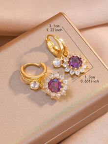 2pcs/Set Fashion Personalized Shiny Zirconia Purple Sunflower Pendant Earrings, Elegant Violet Earrings, Gold Floral Double Pendant Design, Vivid Flower Shape, Transparent Sparkling , Combining Girly Charm And Exquisite Luxury, Suitable For Earring Layering, Daily Commute, Dating, Gift Giving, Spring Outfit, Gift Choice For Girls - Sunflower - View 4