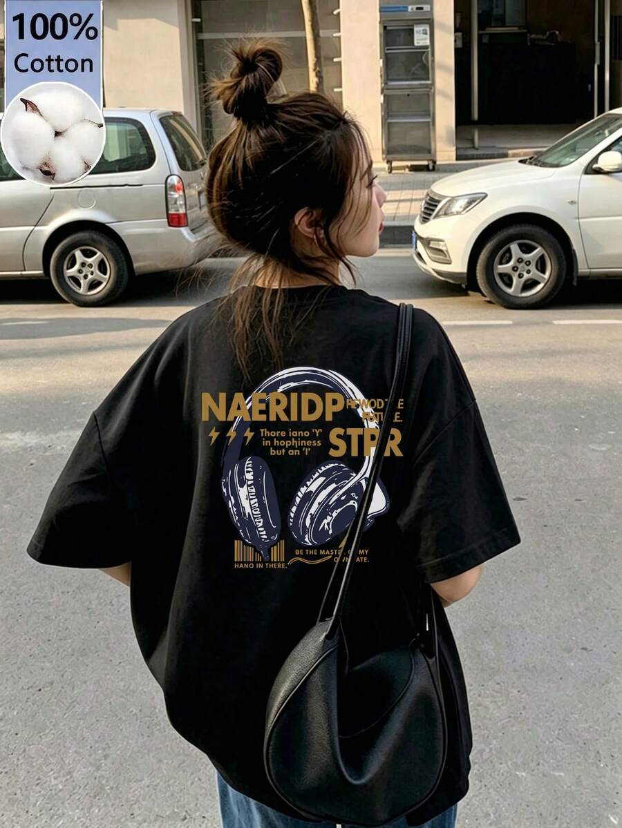 女士休闲圆领字母线条卡通印花短袖T恤,宽松版型,适合春夏穿着,黑色 - 黑色 - 查看 1