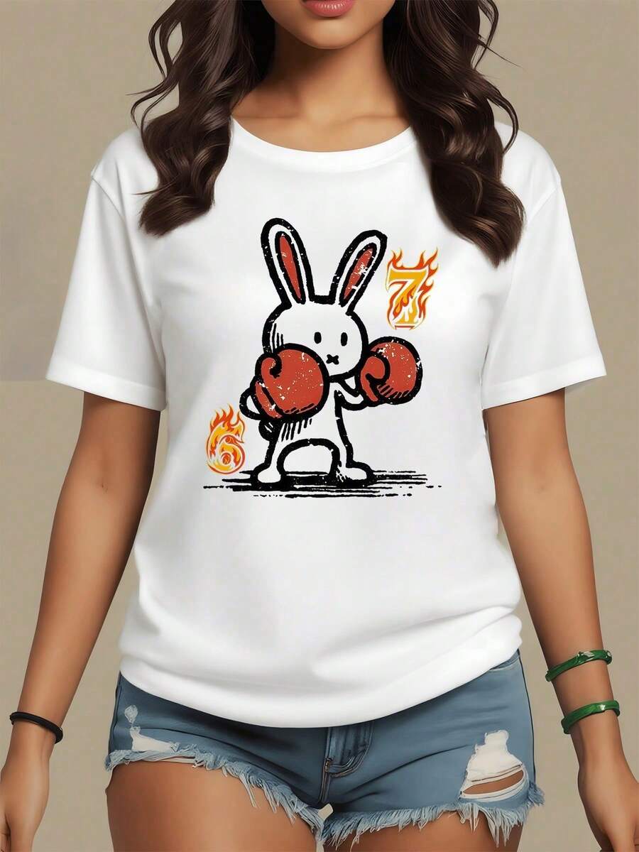 Women's T-Shirt 100% Cotton 180g, Rabbit With Red Boxing Gloves Surrounded By Flames Symbolizing Strength And Courage Amidst Fire Numbers. - 白色 - 查看 1