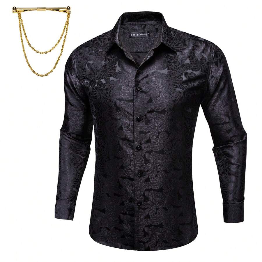 Men's Black Rose Pattern Formal Shirt, Comes With An Elegant Gold Collar Chain, Long Sleeve Style For Evening Banquets And Formal Gatherings - 黑色 - 查看 1