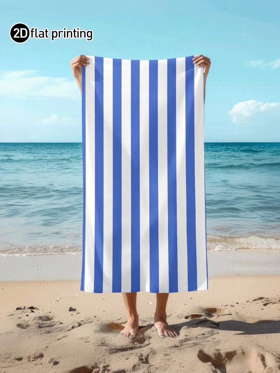 1件裝 夏季款經典藍色條紋印花大尺寸沙灘浴巾,柔軟吸水,適合旅行、度假、多種運動、浴室、泳池及露營使用,旅行必備高吸水材質 - 彩色 - 查看 1
