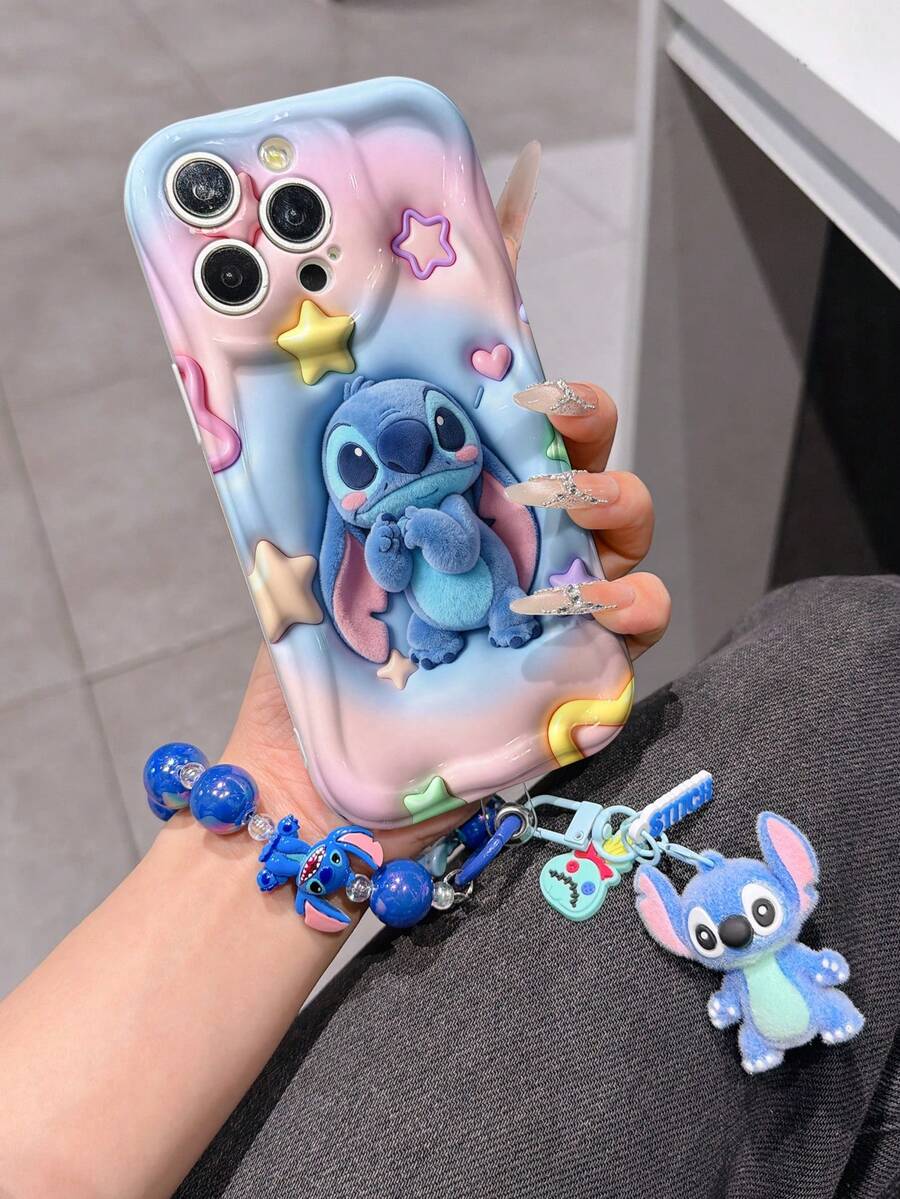 Disney Has Authorized, Phone Case - Chain Set, The Stitch Lilo & Stitch 3D Phone Case Plus A Silicone 3D Stitch Bracelet With Metallic Ring Removable Bracelet, Stitch And Angel Pattern, Compatible With Iphone17/16/15/14/13/12/11/XS/XR/X Plus Pro Max, A Stylish Cartoon Phone Case, The Perfect Gift Choice, Phone Protection, Durable Phone Cover, Great Gift For Friends And Family. - trắng - Xem 1