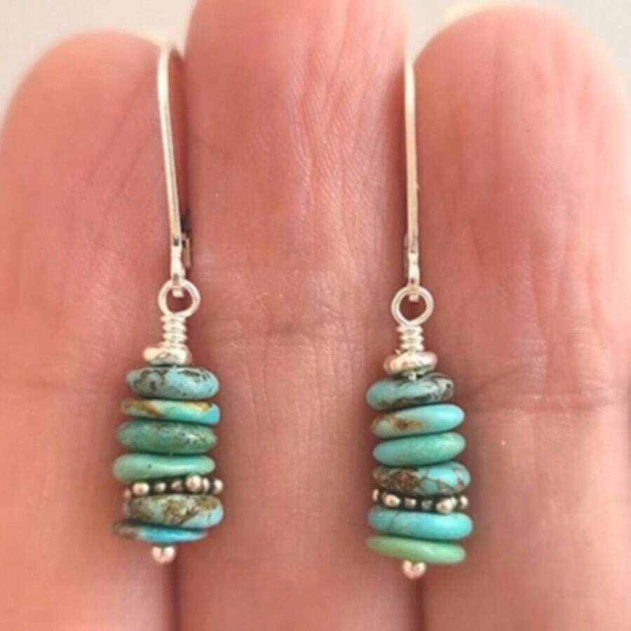 [Vintage Bohemian Earrings] 2pcs Vintage Bohemian Teardrop Earrings 925 Silver Hook With Faux Turquoise Beads Accents - Earthy Turquoise & Greenish-Blue Stones, Handmade Look For Women, Perfect For Parties, Gifts, Daily Wear - 2pcs Green - View 1