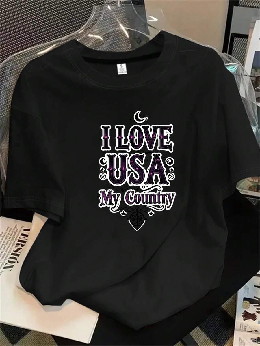 Camiseta de manga corta con cuello redondo para mujer con estampado "I Love My Country", apta para todas las estaciones. - Negro - Ver 1