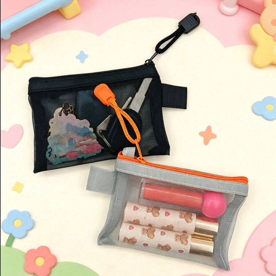 1pc Transparent Mesh Zipper Bag, Mini Coin Purse, For Storing And Organizing Small Items Such As IDs, Keys, Charging Cables, Cosmetics, Coins, Etc