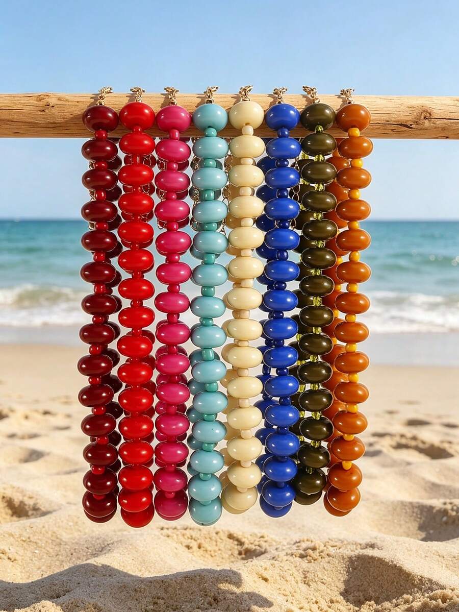 1pc European And American Bohemian Acrylic Round Flat Bead & Seed Bead Beaded Necklace For Women, Summer Beach Vacation - Handmade Abacus Bead Necklace - View 1