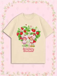 Women's Summer T-Shirt, Cute Berry Tree Print Loose Casual Style, Suitable For Daily Sweet Girly Look - Apricot - View 1