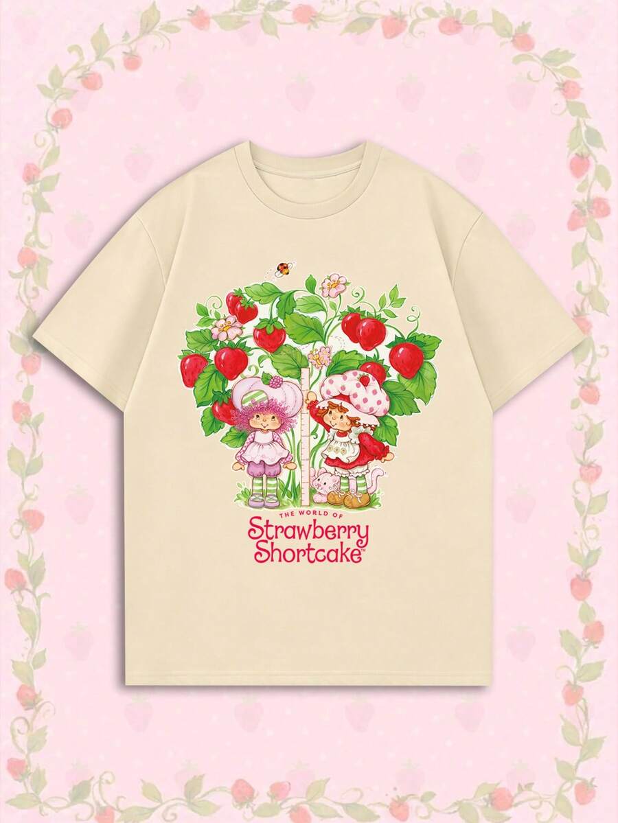 Women's Summer T-Shirt, Cute Berry Tree Print Loose Casual Style, Suitable For Daily Sweet Girly Look - Apricot - View 1