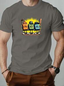 Camiseta de manga corta con cuello redondo para hombre, diseño de dibujos animados con teclas Ctrl, Alt, Del, estilo casual de verano. - Negro - Ver 4