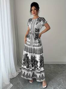 Vestido de Moda Oriental con Estampado Floral y Cinturón Ajustable para Mujer, Escote Redondo - Negro - Ver 3
