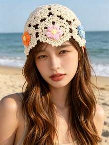 1件 春夏針織鏤空透氣天鵝絨花卉甜美髮帶帽/髮髻帽，女款藝術百搭，女帽，鉤針帽，髮飾 - 多色 - 查看 1