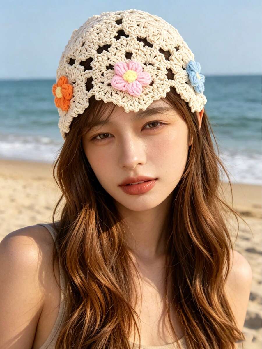 1件 春夏針織鏤空透氣天鵝絨花卉甜美髮帶帽/髮髻帽,女款藝術百搭,女帽,鉤針帽,髮飾 - 多色 - 查看 1