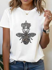1 Piece, Bee Crown Print T-Shirt, Women's Short Sleeve Crew Neck T-Shirt, Spring And Summer, Breathable, Casual, Sporty, Holiday Gift. Very Good Quality. Enhances The Look. New Model 2026 V4WA - 白色 - 查看 1