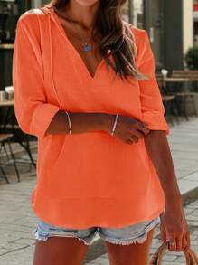 Plus Size Women Solid Color Pocket V-Neck Hooded Cover Up Spring - Orange - View 1