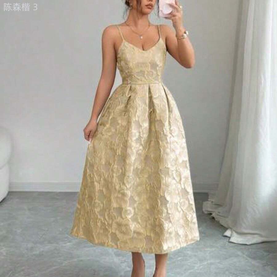 yonghongmaoyi1 Vestido elegante de mujer con tirantes de espagueti y estampado jacquard, adecuado para invitadas de boda, fiestas de noche y galas; Vestido elegante de fiesta de mujer con cuello en V y pliegues - Albaricoque - Ver 1