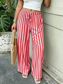 Loose Striped Wide Leg Pants, Casual Drawstring Waist Trousers For Women, Relaxed Style, Suitable For Spring, Summer, Autumn - Red - View 2