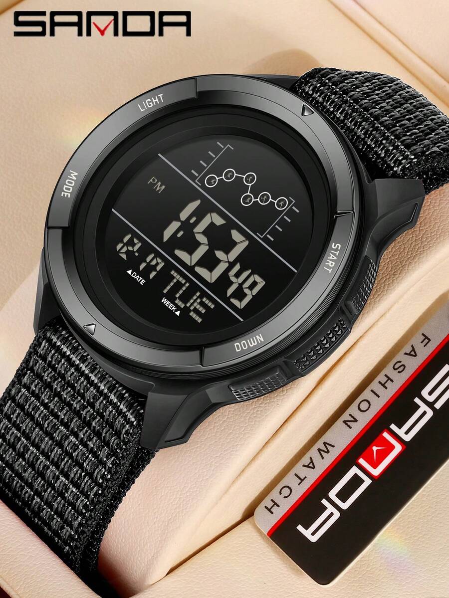 SANDA Digital Watch, Men's Nylon Strap, Digital Display, Multi-Function Alarm, Student Watch, Waterproof, Military Sport, LED Watch - one-size - View 1