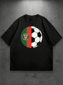 Camiseta de Fútbol - Estampado Clásico de Balón y Emblema, Camiseta Casual de Cuello Redondo Adecuada para Regalos de Navidad para Papás, Hermanos, Futbolistas - Jersey Usable Todo el Año (L - Negro - Ver 1