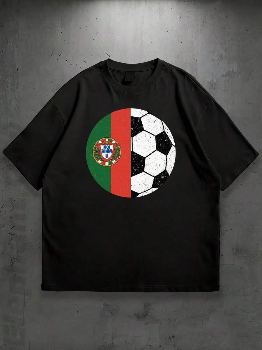 Camiseta de Fútbol - Estampado Clásico de Balón y Emblema, Camiseta Casual de Cuello Redondo Adecuada para Regalos de Navidad para Papás, Hermanos, Futbolistas - Jersey Usable Todo el Año (L - Negro - Ver 1